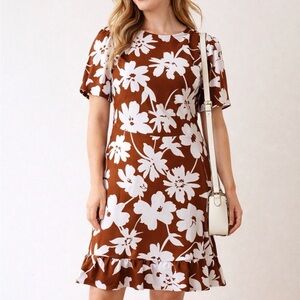 LOFT Outlet Petite Floral Dress Brown White Short Sleeve Ruffle Hem 14P